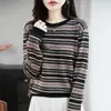 Otoño 2026 Nuevo Retro Lana Fina Cuello Redondo Tejido Hombro Caído Manga Larga Mujer Raya de Color Base Superior