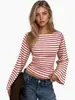 Camiseta de manga ancha ajustada a rayas con bloques de color y cuello redondo, versátil, para mujer, nueva de otoño, transfronteriza europea y americana, top de manga larga, venta al por mayor