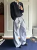 Calça Pleated de Cintura Alta A-Line de Perna Larga com Listras Azuis Claras, Estilo Americano, Solta e Versátil para Uso Casual Diário, Calça Cleanfit