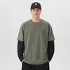 Camiseta de manga larga para hombre de talla grande, nuevo estilo de otoño, imitación de dos piezas, algodón puro, color block lavado vintage desgastado, top holgado para hombre