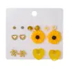 Novo Conjunto de Brincos Combinados Flor com Gotejamento de Óleo Coração Margarida, Simples, Compacto, Versátil, Brincos Frescos para Mulheres