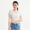 Camiseta de Manga Corta Ajustada con Cuello Redondo Grande de Algodón Lycra para Mujer Momaik, Estilo Nuevo Verano 2026, Hombro Normal, Multicolor para Mujer 10271