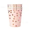 Juego Desechable de Platos y Vasos de Papel para Fiesta, Vajilla con Lunares Estampados Oro Rosa, Juego de Cuatro Piezas de Vajilla Desechable Bento