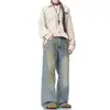 Diseño para Adolescentes Tinte Sucio Lavado Viejo Pierna Recta Jeans Hombres y Mujeres Estilo Americano Retro Sueltos Pierna Ancha Pantalones de Moda
