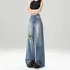Jeans Anchos Desgastados para Mujer Verano Delgados 2025 Modernos Versátiles Nuevos de Cintura Alta Adelgazantes Sueltos Rectos