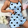 Conjunto de Pijama con Estampado de Moño Camisola Pantalones Cortos con Cintura Elástica Ropa de Dormir y Ropa de Casa para Mujer Negro Azul