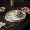 Bandeja de Chá Cerâmica com Design de Paisagem Pintado à Mão, Adequada para Uso Doméstico, Acessório para Conjunto de Chá Estilo Chinês, Bandeja de Chá Kung Fu