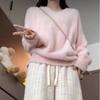 Suéter Tricô Rosa Suave com Decote em V de Veludo de Visão para Mulheres no Outono e Inverno Novo Tricô Grosso Peludo Solto