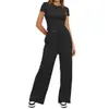 2026 Amazon estilo europeo y americano simple cuello redondo manga corta cordón pierna ancha pantalones casual conjunto de dos piezas para mujer en stock