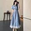 Vestido patchwork de estilo francés con ribete de encaje para mujer talla grande, nuevo estilo de verano, diseñado para ocultar imperfecciones y crear un efecto adelgazante, vestido de longitud media