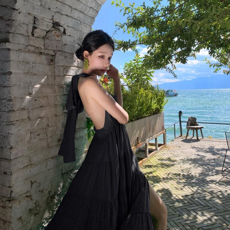商品详情图_法式高级感绑带挂脖A字裙女夏性感露背度假长裙