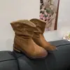 Botas versátiles de estilo coreano para mujer con punta redonda y a media pantorrilla, nueva colección otoño 2026, botas de equitación retro, forradas de felpa para abrigar, botas de moda de ante