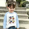 Camiseta Manga Longa Nova Estilo Coreano Primavera e Outono para Meninas Algodão Puro Desenho Animado Infantil Top Curvo Menina Camisa Base Ajustada ao Corpo