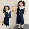 Conjunto de Colete com Capuz de Renda para Meninas Verão 2026 Novo Estilo de Verão Camiseta de Manga Curta Infantil e Calça Jeans com Renda Tendência