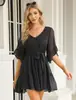 Vestido de Chiffon Jacquard Liso com Manga Sino e Renda para Mulheres, Nova Moda, Transfronteiriço da Amazon Europa e América 2023