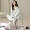 Algodón Puro Conjunto de Pijama para Mujer Manga Larga Cárdigan Rayado Dibujos Animados Ropa de Casa Nuevo Estilo Primavera y Otoño con Cuello Solapa y Pantalones Largos para Otoño
