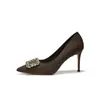 9169C-232 gamuza pedrería hebilla cuadrada suela roja poco profunda zapatos de mujer versátiles elegantes maduros para ir al trabajo