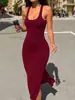 Vestido de Verano Sexy de Corte Ajustado, Moda Femenina Europea y Americana Transfronteriza, Vestido de Tirantes Adelgazante con Cuello en U de Color Sólido, Espalda Descubierta y Abertura