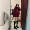 Sudadera con Capucha Estampada Coreana para Mujer Borgoña Engrosada Holgada Top Moderno Ins