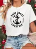 Tamanho Europeu Transfronteiriço Feminino Estampa de Âncora da Costa Leste Manga Curta Gola Redonda Casual Leve Branco Roupa de Férias