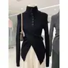[Fio cardado espesso] Camiseta de malha básica de gola alta e manga longa para mulheres, outono e inverno, com cintura irregular e fenda