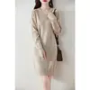 Nuevo Vestido de Punto de Lana Pura con Cuello en V para Otoño e Invierno, Suéter de Manga Larga de Longitud Media para Mujer, Vestido Base de Cachemira Holgado