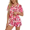 Novo Conjunto de Pijama Feminino de Verão Europeu e Americano da Amazon com Gola Lapela Estampada Conjunto de Duas Peças com Shorts Estampados Digitais de Manga Curta