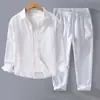 Novo terno de linho para homens de comércio exterior transfronteiriço: conjunto de duas peças de algodão e linho, tamanho grande, camisa de cor sólida + calça casual reta