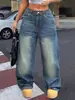 E-commerce Transfronteiriço Amazon Europa e América Estilo Clearance Jeans Feminino Retrô Street Style Azul Lavado Wide-leg Outono