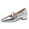 Zapatos Mary Jane Retro Franceses Plateados Suaves con Correa y Punta Cuadrada Tacón Grueso para Mujer Primavera y Otoño Zapatos de Tacón Medio Cómodos