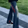 Jeans azul profundo americano de cintura baixa com microflare para homens e mulheres, soltos, que afinam, com ótimo caimento, muito bonitos, compridos até o chão, calça boca de sino, azul