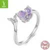 Anel Aberto Flor Borboleta Roxa Original Yinziyun, Estilo Suave e Elegante, Anel de Flor em Prata Esterlina S925
