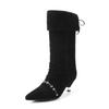 2025 Nuevas Botas de Cuero para Mujer, Punta Fina, Tacón de Aguja, Plisadas, de Pila, con Tirantes, de Caña Alta, Botas Largas