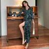 Moda Feminina para Comércio Exterior Foto Real# Cintura Apertada Modelagem Justa Slim Fenda Lateral Decote V Estampado Vestido Envelope Elegante Longo para Férias