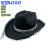 Sombrero de vaquero rosa navideño con ribete plateado, sombrero de vaquero para mujer, sombrero de vaquero blanco de fieltro para mascarada con bordes hacia arriba y ribete plateado