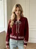 Cárdigan de punto con cuello y lazada para mujer, nuevo estilo otoño e invierno, abrigo suéter jacquard con bloques de color, top holgado y versátil estilo francés, moderno