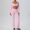 Conjunto de yoga de tacto natural doblemente molido, tipo dos piezas falsas, pantalones de manga larga microacampanados, conjunto deportivo de dos piezas para fitness 62535+52338