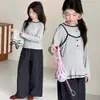 Conjunto de Ropa de Primavera para Niñas 2026 Nuevo Elegante Estilo Coreano Conjunto de Camiseta de Manga Larga en Capas y Pantalones de Pierna Ancha para Niños Mayores