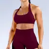 En Stock Dfyne Mismo Estilo Conjunto de Yoga de Alta Elasticidad para Mujer, Conjunto de Sujetador Halter y Shorts, Conjunto Deportivo Sin Costuras para Mujer