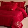 100S Nuevo Estilo Chino Rojo Grande Bordado Ropa de Cama para Boda Juego de Cuatro Piezas de Algodón Puro Algodón Puro Juego de Regalo para Boda de Recién Casados
