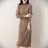 Vestido Longo de Lã Pura com Gola Meia-Alta e Cintura Marcada Outono/Inverno Elegante Emagrecedor Vestido de Lã Quente Vestido de Tricô Preguiçoso Feminino