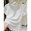 Camiseta Chic Estilo Coreano com Gola U e Manga Curta, Nova Coleção Verão 2026 Feminina Casual Slim Fit Malha Respirável Camisa Base