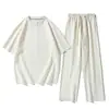 Marca de Moda Americana Transfronteiriça terno Masculino Primavera Novo Gola Redonda Manga de Cinco Pontos Calça Casual Conjunto de Duas Peças