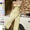 2026 Amazon Sitio Independiente Ropa Europea y Americana para Mujer Nuevo Floral Cuello Cuadrado Sexy Abertura Dobladillo Amplio Vestido de Primavera para Mujer