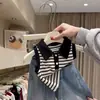 Ropa de verano estilo coreano para niñas pequeñas: Top sin mangas de cuello polo para niños, talla mediana y grande, con pedrería brillante degradada y pantalones vaqueros de pierna ancha