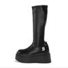 Botas Sexy de Cavaleiro Europeias e Americanas Femininas de Sola Grossa Bico Redondo Pretas Versátil Acima do Joelho Botas Altas Mangas Botas da Moda Trendy