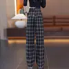 Pantalones de cuadros azul marino de pierna ancha hechos a medida para mujer para primavera y otoño, de cintura alta, con cordón, fluidos, holgados, corte recto, a cuadros vintage, de largo hasta el suelo