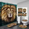 Suministro Transfronterizo de Juego de Baño de 4 Piezas con Alfombrilla Antideslizante con Patrón de Corona de León Bestia, Alfombrilla en Forma de U y Combinación de Juego de Cortina de Ducha