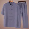 Traje Tang de Verão para Meia-Idade e Idosos Masculino Roupa de Verão de Manga Curta para Pai Cardigã de Vovô Estilo Chinês Seda Gelada Fino Conjunto de Duas Peças