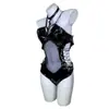 Corset Lingerie Erótica com Tema Floral Espelho PVC Body Aberto na Virilha Couro PU Preto Patente Brilhante Traje A509
